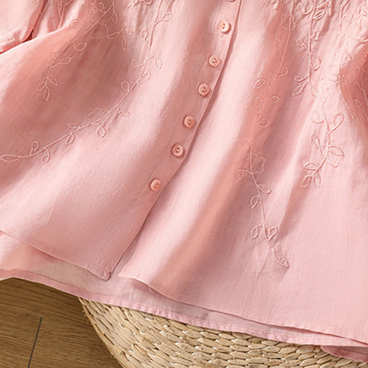 Camisa de algodón de manga corta para mujer con cuello alto y botones delanteros bordados con Buddha Stones  - image 15