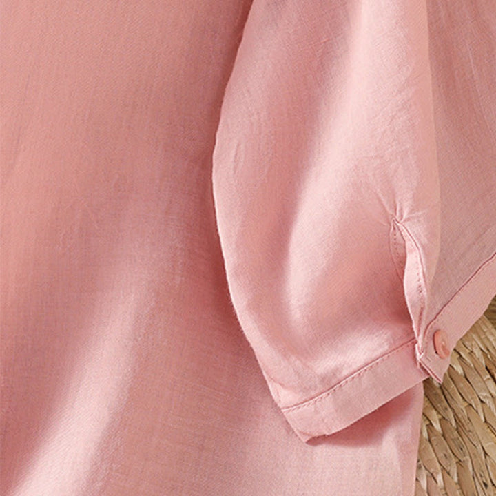 Camisa de algodón de manga corta para mujer con cuello alto y botones delanteros bordados con Buddha Stones  - image 11