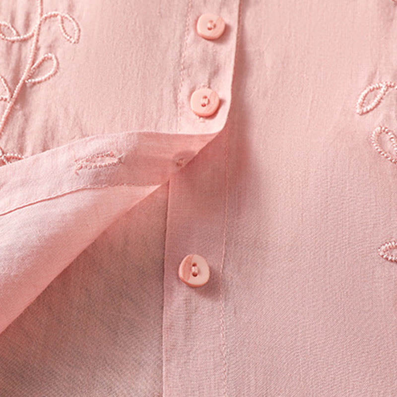 Camisa de algodón de manga corta para mujer con cuello alto y botones delanteros bordados con Buddha Stones  - image 14