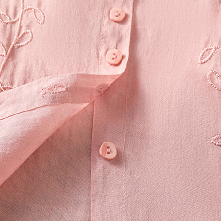 Camisa de algodón de manga corta para mujer con cuello alto y botones delanteros bordados con Buddha Stones  - image 14