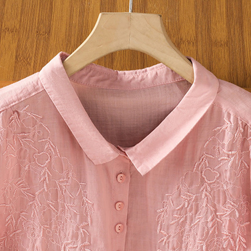 Camisa de algodón de manga corta para mujer con cuello alto y botones delanteros bordados con Buddha Stones  - image 9