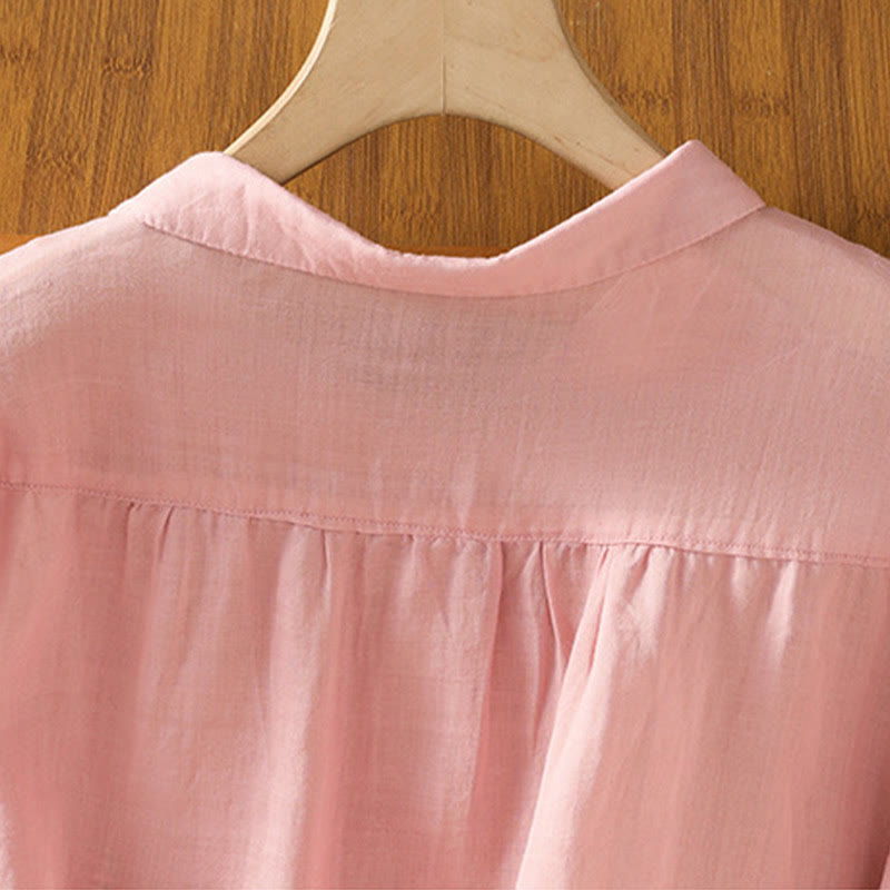 Camisa de algodón de manga corta para mujer con cuello alto y botones delanteros bordados con Buddha Stones  - image 10