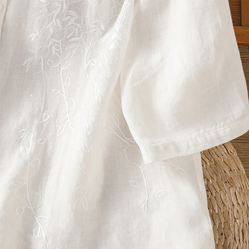 Camisa de algodón de manga corta para mujer con cuello alto y botones delanteros bordados con Buddha Stones  - image 21