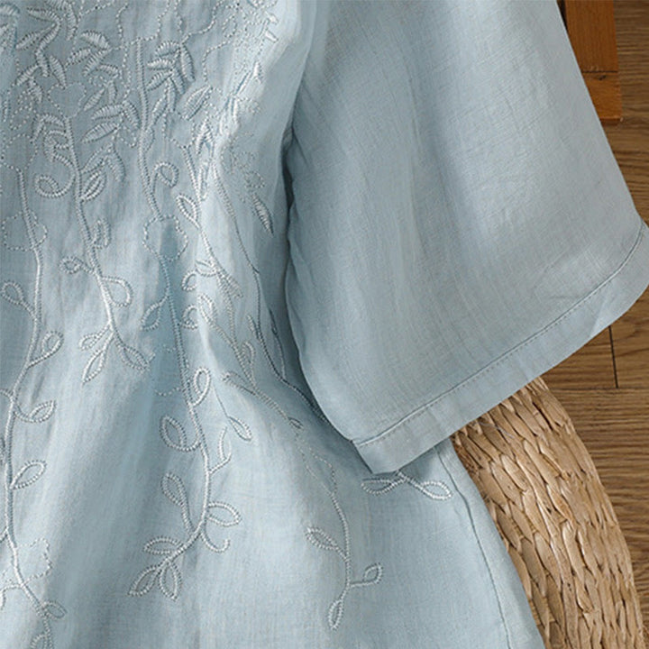 Camisa de algodón de manga corta para mujer con cuello alto y botones delanteros bordados con Buddha Stones  - image 29