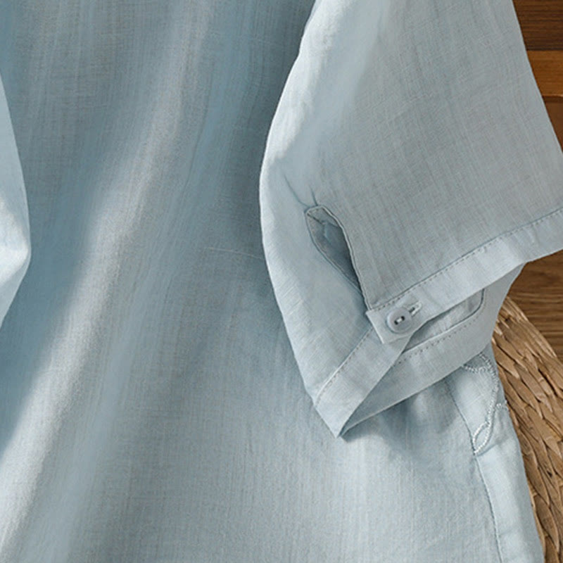 Camisa de algodón de manga corta para mujer con cuello alto y botones delanteros bordados con Buddha Stones  - image 27