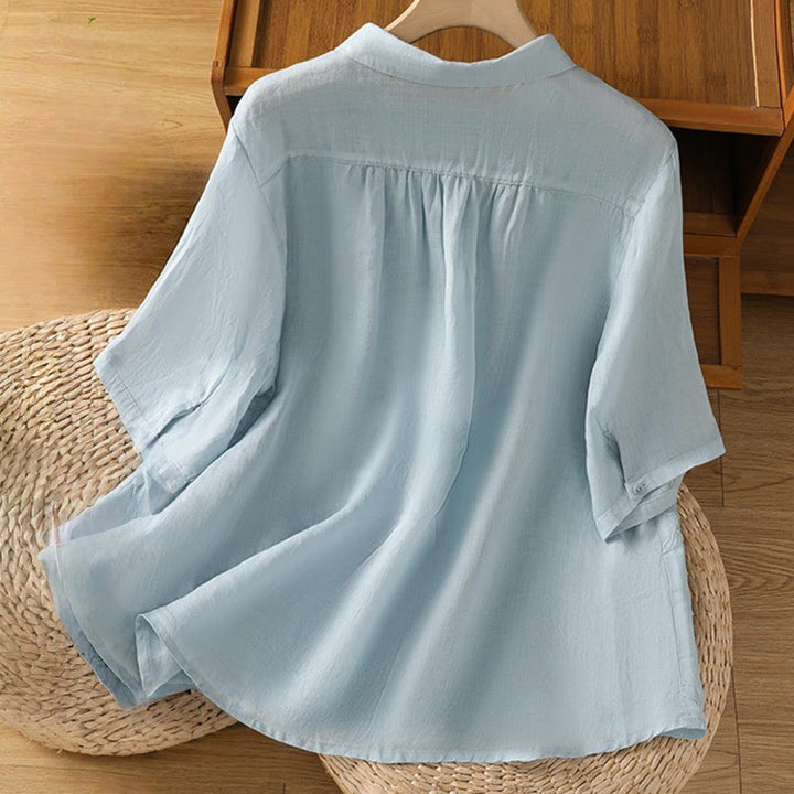 Camisa de algodón de manga corta para mujer con cuello alto y botones delanteros bordados con Buddha Stones  - image 24