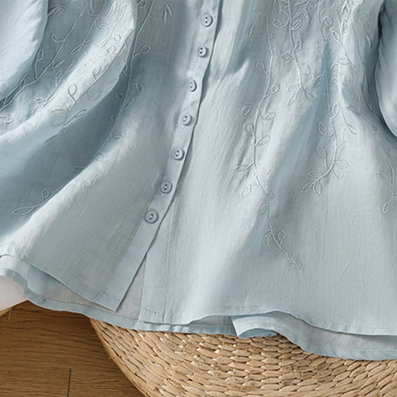 Camisa de algodón de manga corta para mujer con cuello alto y botones delanteros bordados con Buddha Stones  - image 28