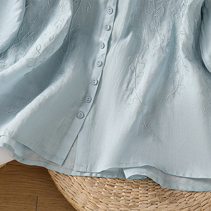 Camisa de algodón de manga corta para mujer con cuello alto y botones delanteros bordados con Buddha Stones  - image 28