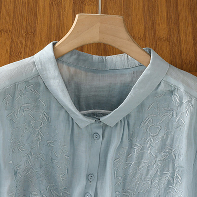 Camisa de algodón de manga corta para mujer con cuello alto y botones delanteros bordados con Buddha Stones  - image 25