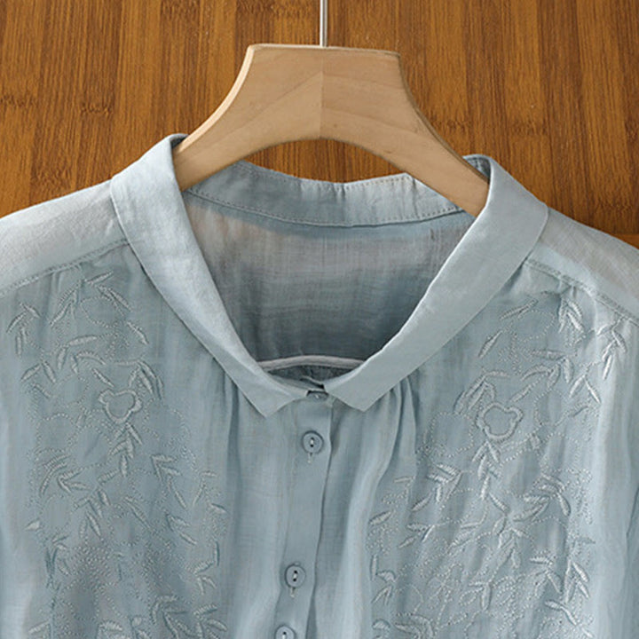 Camisa de algodón de manga corta para mujer con cuello alto y botones delanteros bordados con Buddha Stones  - image 25