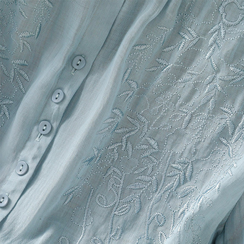 Camisa de algodón de manga corta para mujer con cuello alto y botones delanteros bordados con Buddha Stones  - image 30