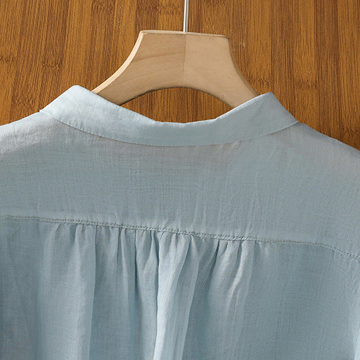 Camisa de algodón de manga corta para mujer con cuello alto y botones delanteros bordados con Buddha Stones  - image 26