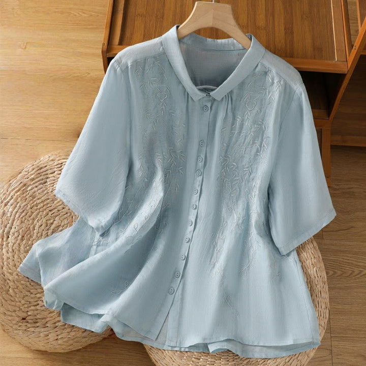 Camisa de algodón de manga corta para mujer con cuello alto y botones delanteros bordados con Buddha Stones  - Azul celeste claro - US8-10，UK/AU12-14，EU40-42 (2XL) - image 23