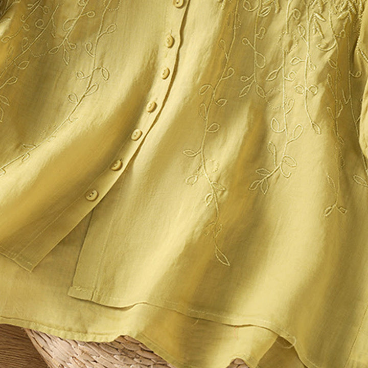 Camisa de algodón de manga corta para mujer con cuello alto y botones delanteros bordados con Buddha Stones  - image 36