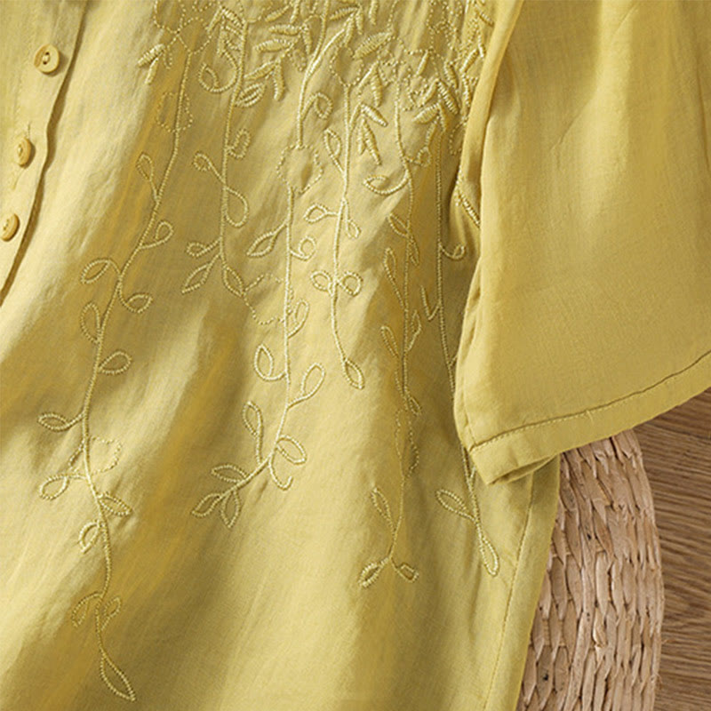 Camisa de algodón de manga corta para mujer con cuello alto y botones delanteros bordados con Buddha Stones  - image 37