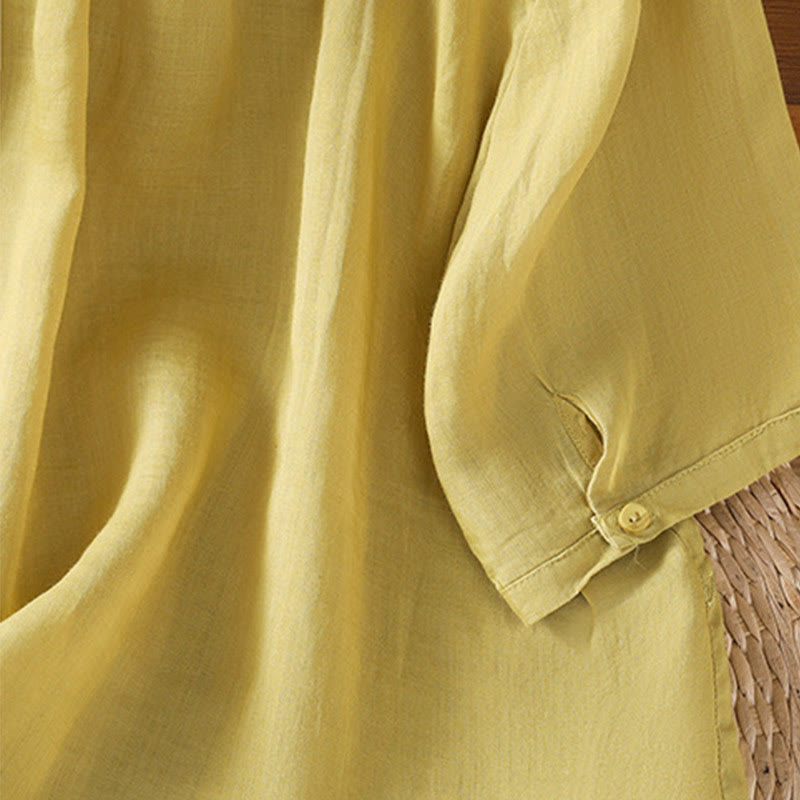 Camisa de algodón de manga corta para mujer con cuello alto y botones delanteros bordados con Buddha Stones  - image 38