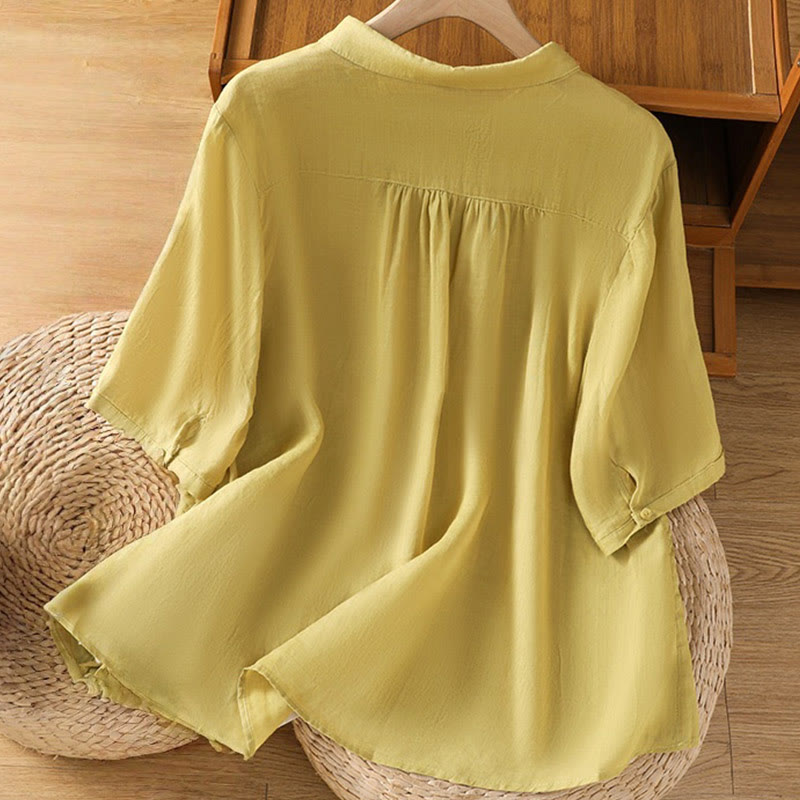 Camisa de algodón de manga corta para mujer con cuello alto y botones delanteros bordados con Buddha Stones  - image 32