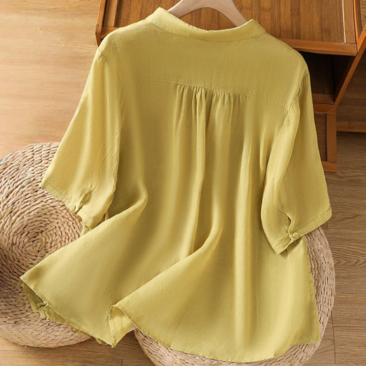 Camisa de algodón de manga corta para mujer con cuello alto y botones delanteros bordados con Buddha Stones  - image 32