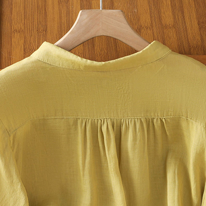 Camisa de algodón de manga corta para mujer con cuello alto y botones delanteros bordados con Buddha Stones  - image 34