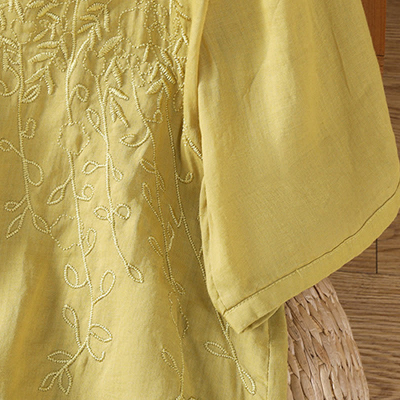 Camisa de algodón de manga corta para mujer con cuello alto y botones delanteros bordados con Buddha Stones  - image 35