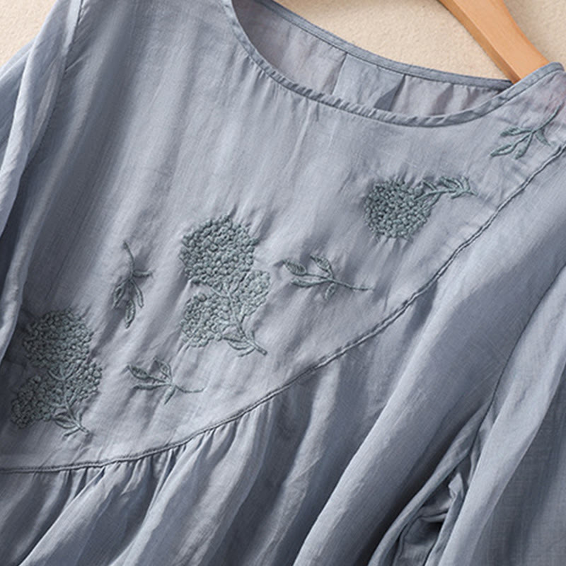 Camisa de algodón y lino de media manga para mujer con diseño floral bordado con Buddha Stones y cuello redondo  - image 6