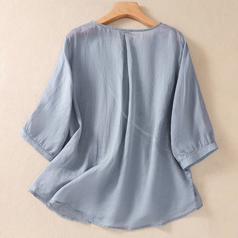 Camisa de algodón y lino de media manga para mujer con diseño floral bordado con Buddha Stones y cuello redondo  - image 1