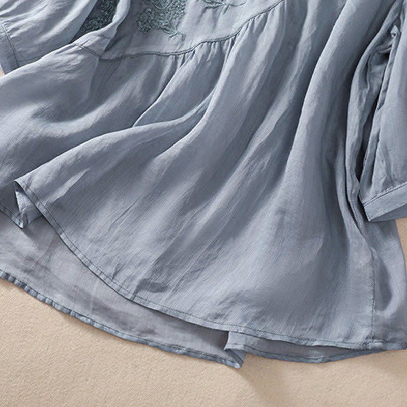 Camisa de algodón y lino de media manga para mujer con diseño floral bordado con Buddha Stones y cuello redondo  - image 4