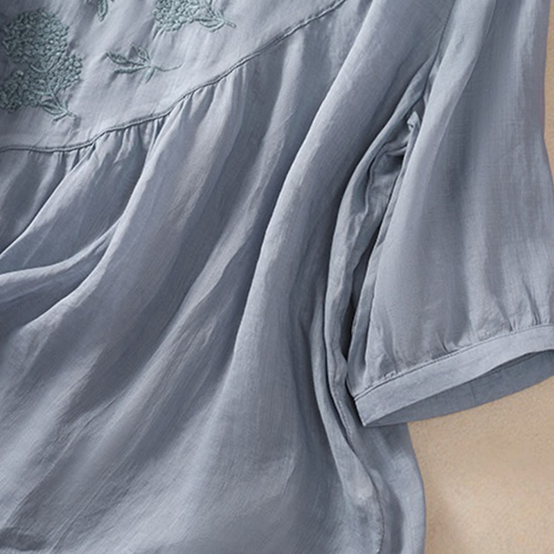 Camisa de algodón y lino de media manga para mujer con diseño floral bordado con Buddha Stones y cuello redondo  - image 5