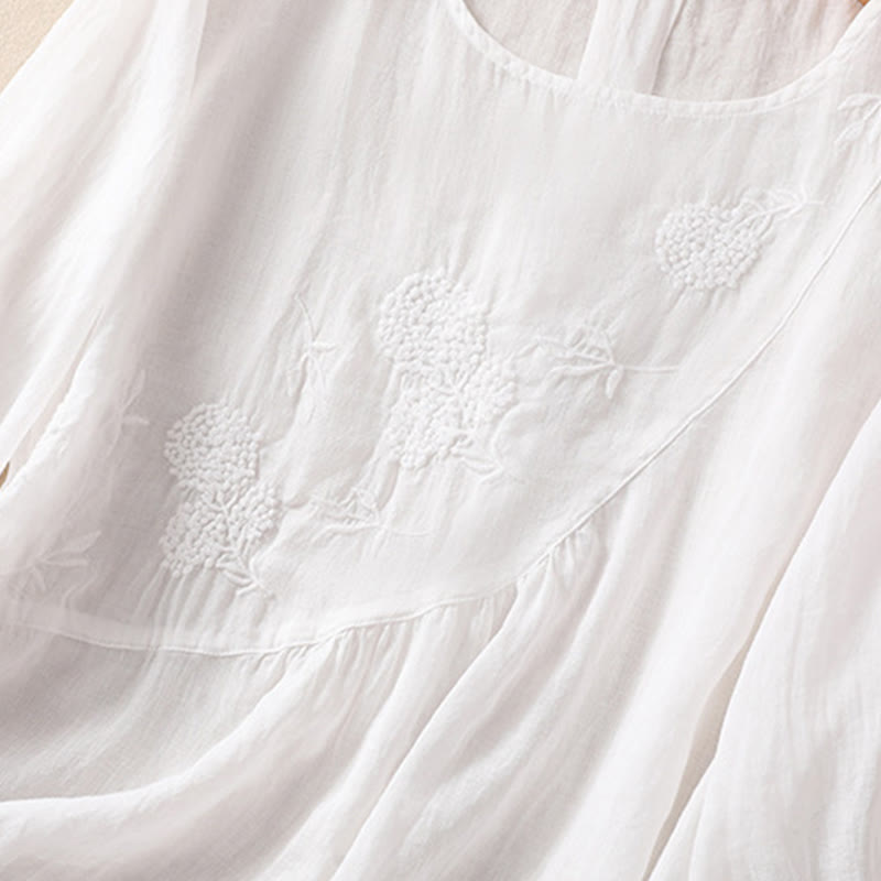 Camisa de algodón y lino de media manga para mujer con diseño floral bordado con Buddha Stones y cuello redondo  - image 13