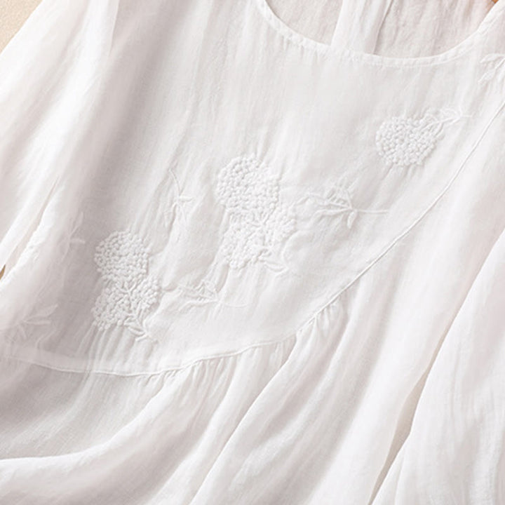 Camisa de algodón y lino de media manga para mujer con diseño floral bordado con Buddha Stones y cuello redondo  - image 13