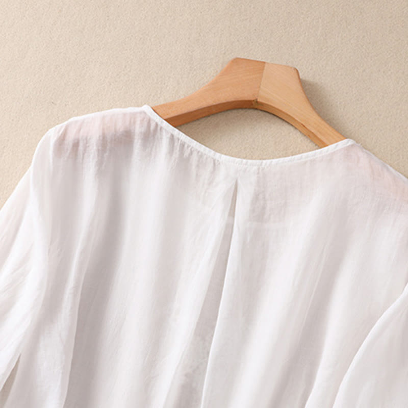Camisa de algodón y lino de media manga para mujer con diseño de flores bordadas con Buddha Stones y cuello redondo - image 10