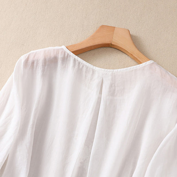 Camisa de algodón y lino de media manga para mujer con diseño de flores bordadas con Buddha Stones y cuello redondo - image 10