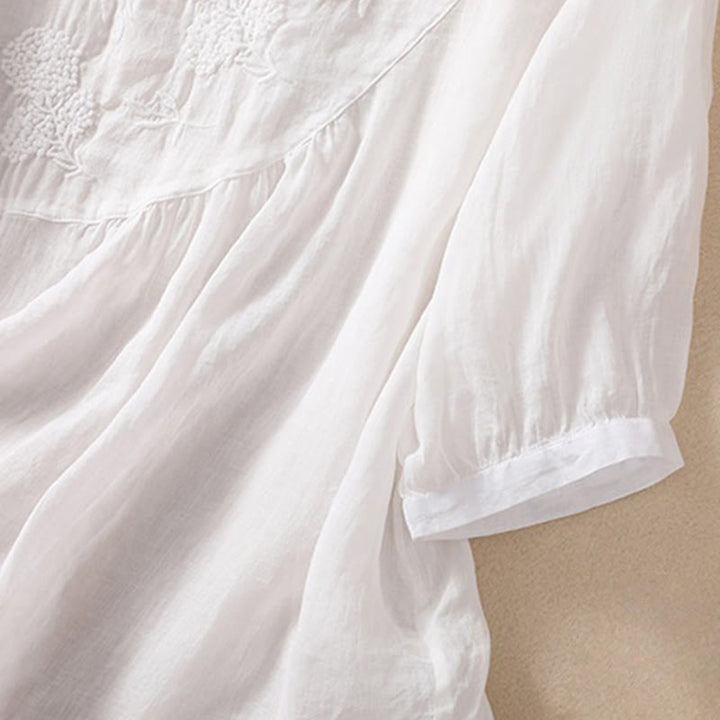 Camisa de algodón y lino de media manga para mujer con diseño de flores bordadas con Buddha Stones y cuello redondo - image 11