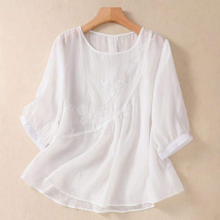 Camisa de algodón y lino de media manga para mujer con diseño floral bordado con Buddha Stones y cuello redondo  - Nieve - US8-10，UK/AU12-14，EU40-42 (2XL) - image 7