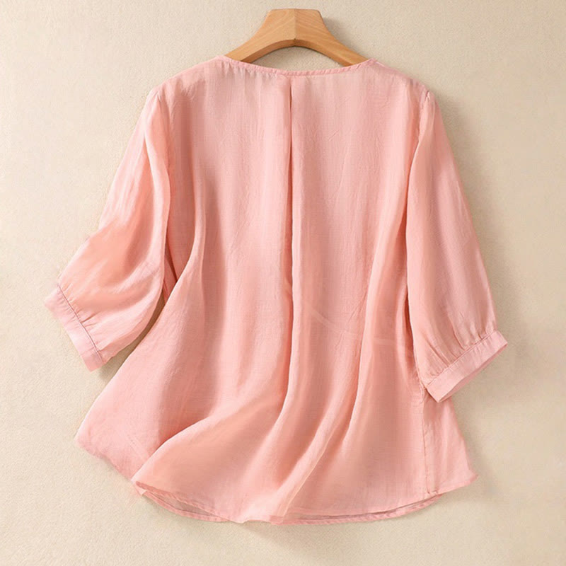 Camisa de algodón y lino de media manga para mujer con diseño floral bordado con Buddha Stones y cuello redondo  - image 15