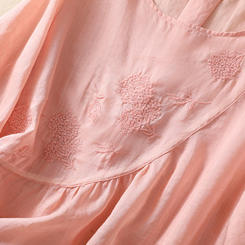 Camisa de algodón y lino de media manga para mujer con diseño de flores bordadas con Buddha Stones y cuello redondo - image 18