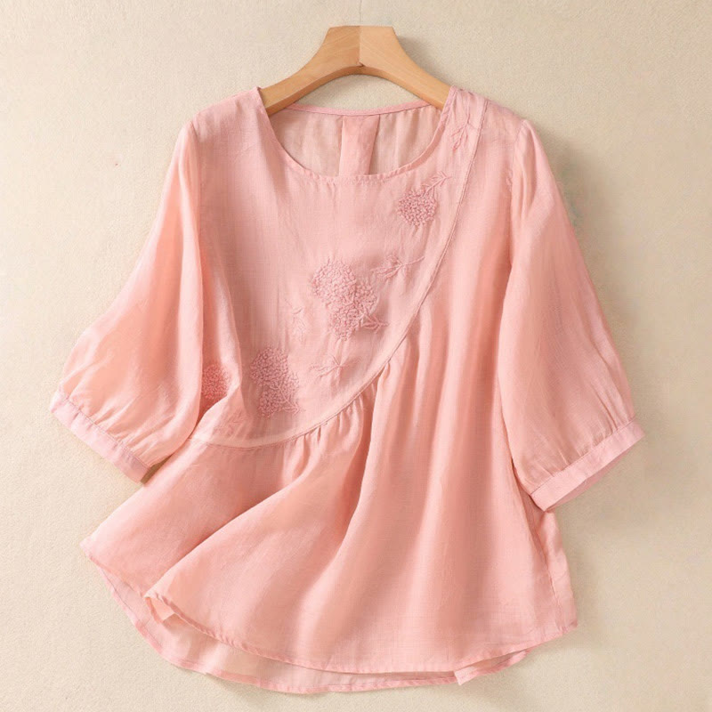 Camisa de algodón y lino de media manga para mujer con diseño floral bordado con Buddha Stones y cuello redondo  - Rosa - US8-10，UK/AU12-14，EU40-42 (2XL) - image 14