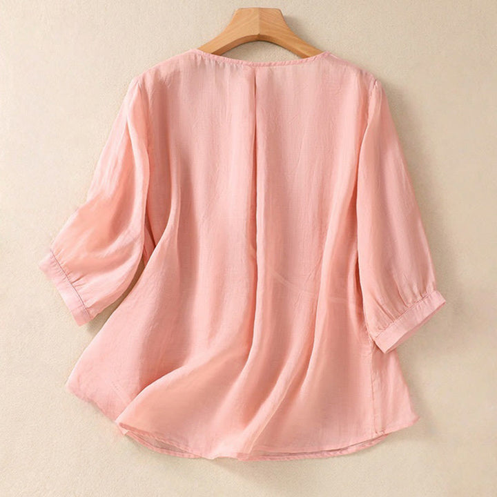 Camisa de algodón y lino de media manga para mujer con diseño de flores bordadas con Buddha Stones y cuello redondo - image 15