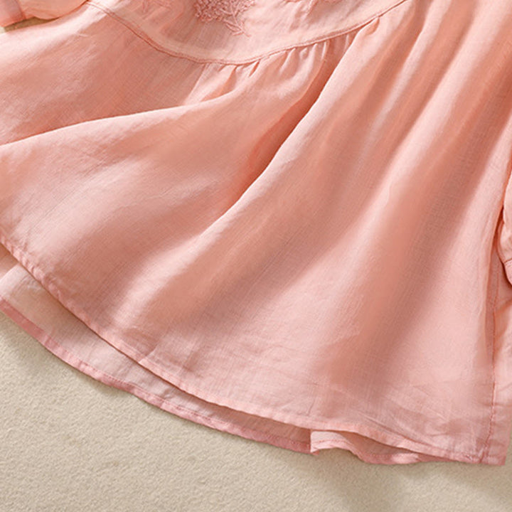 Camisa de algodón y lino de media manga para mujer con diseño floral bordado con Buddha Stones y cuello redondo  - image 20