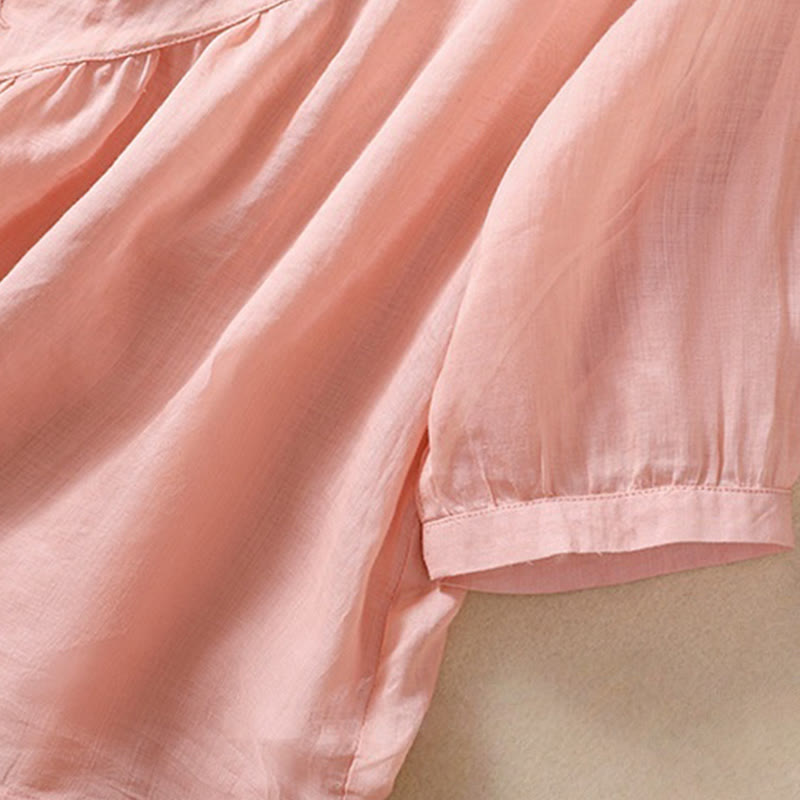 Camisa de algodón y lino de media manga para mujer con diseño floral bordado con Buddha Stones y cuello redondo  - image 21