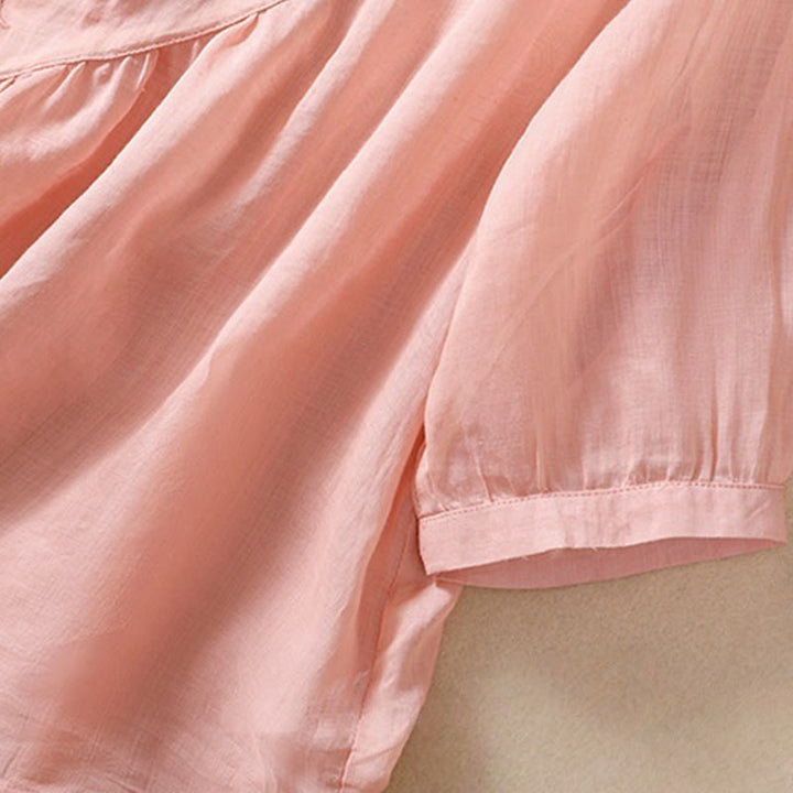 Camisa de algodón y lino de media manga para mujer con diseño floral bordado con Buddha Stones y cuello redondo  - image 21