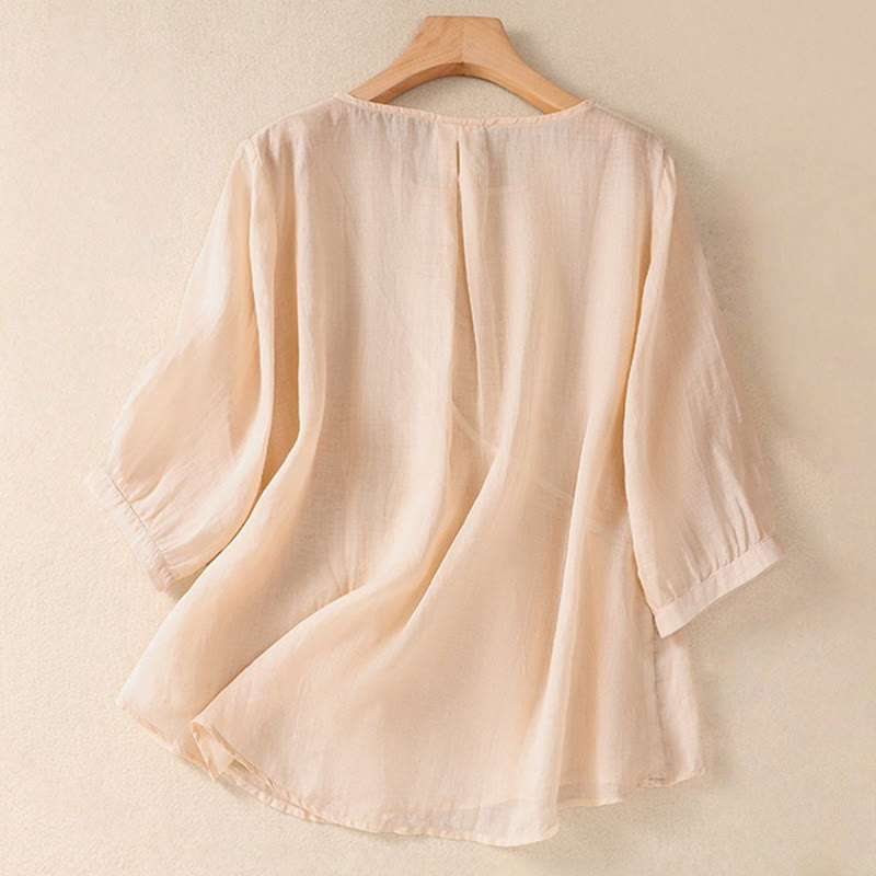 Camisa de algodón y lino de media manga para mujer con diseño floral bordado con Buddha Stones y cuello redondo  - image 23