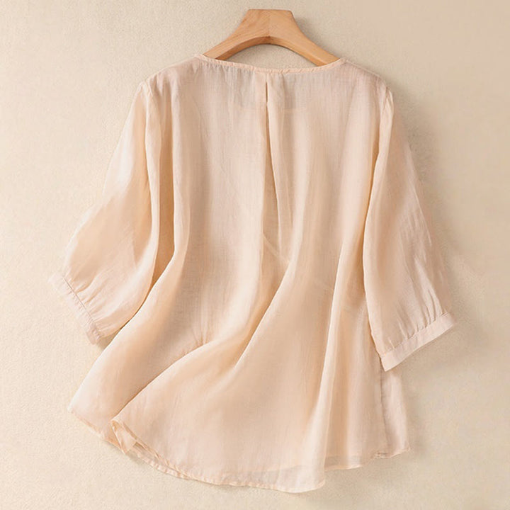 Camisa de algodón y lino de media manga para mujer con diseño floral bordado con Buddha Stones y cuello redondo  - image 23