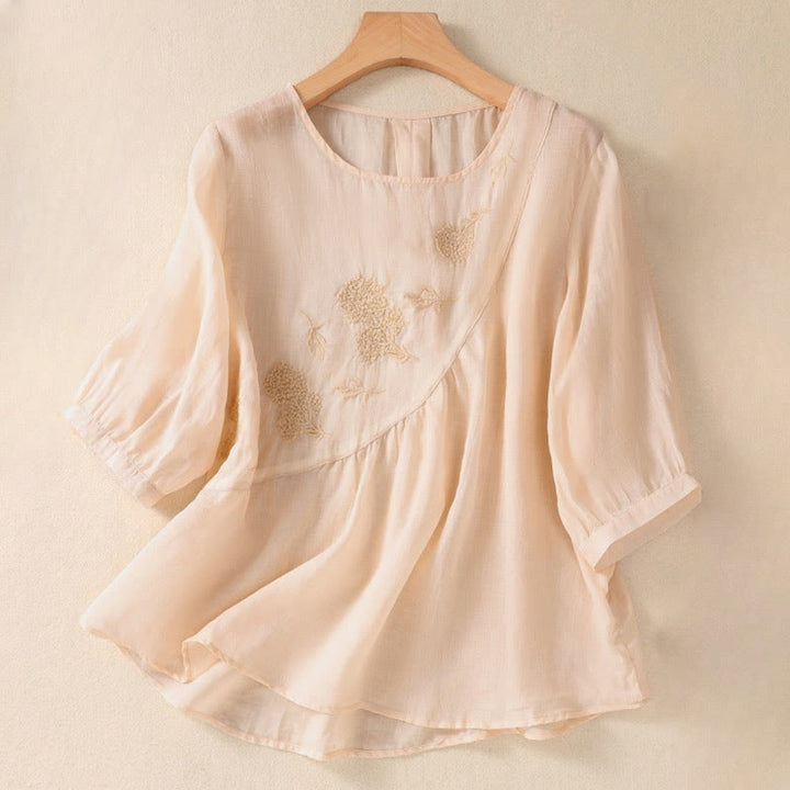 Camisa de algodón y lino de media manga para mujer con diseño floral bordado con Buddha Stones y cuello redondo  - PapayaWhip - US8-10，UK/AU12-14，EU40-42 (2XL) - image 22