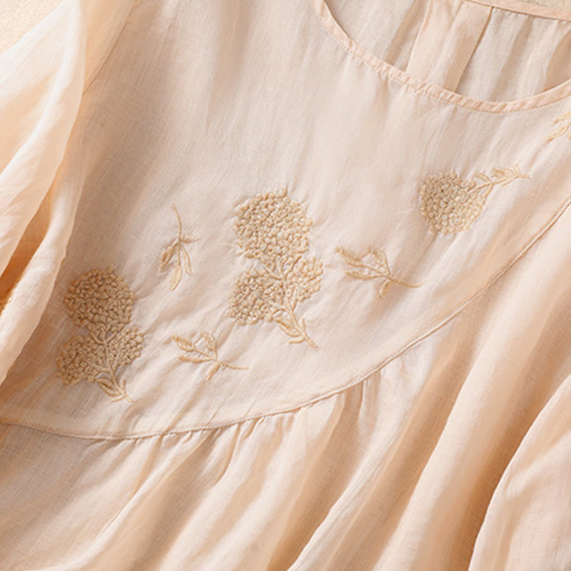 Camisa de algodón y lino de media manga para mujer con diseño floral bordado con Buddha Stones y cuello redondo  - image 25