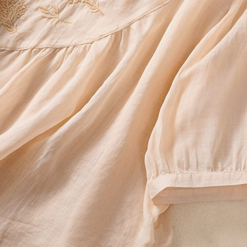 Camisa de algodón y lino de media manga para mujer con diseño floral bordado con Buddha Stones y cuello redondo  - image 26