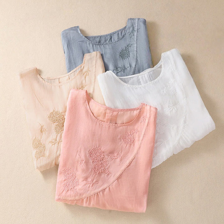 Camisa de algodón y lino de media manga para mujer con diseño floral bordado con Buddha Stones y cuello redondo  - image 27