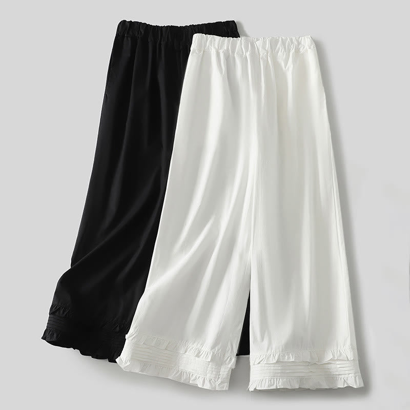 Pantalones de lino y algodón para mujer con bolsillos y diseño de dobladillo con volantes en colores puros de Buddha Stones Artistic Commute - image 13