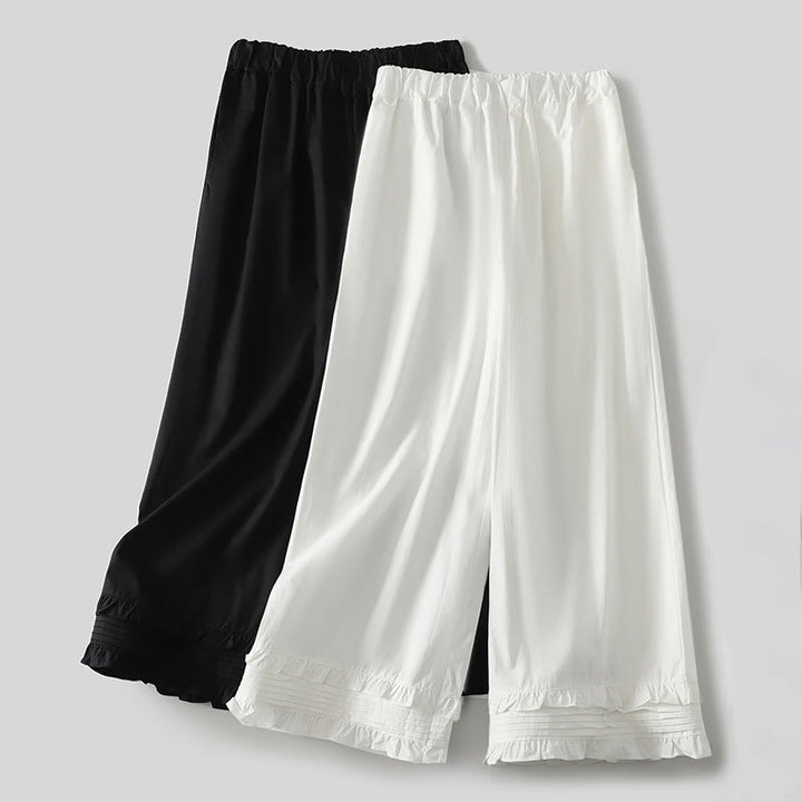 Pantalones de lino y algodón para mujer con bolsillos y diseño de dobladillo con volantes en colores puros de Buddha Stones Artistic Commute - image 13