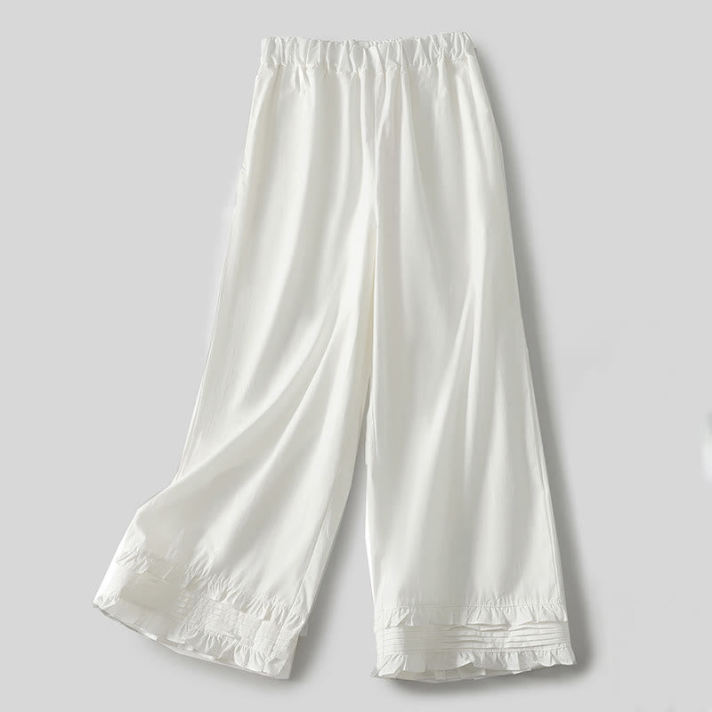 Pantalones de lino y algodón para mujer con bolsillos y diseño de dobladillo con volantes en colores puros de Buddha Stones Artistic Commute - Blanco - US12, UK/AU16, EU44 (2XL) - image 0